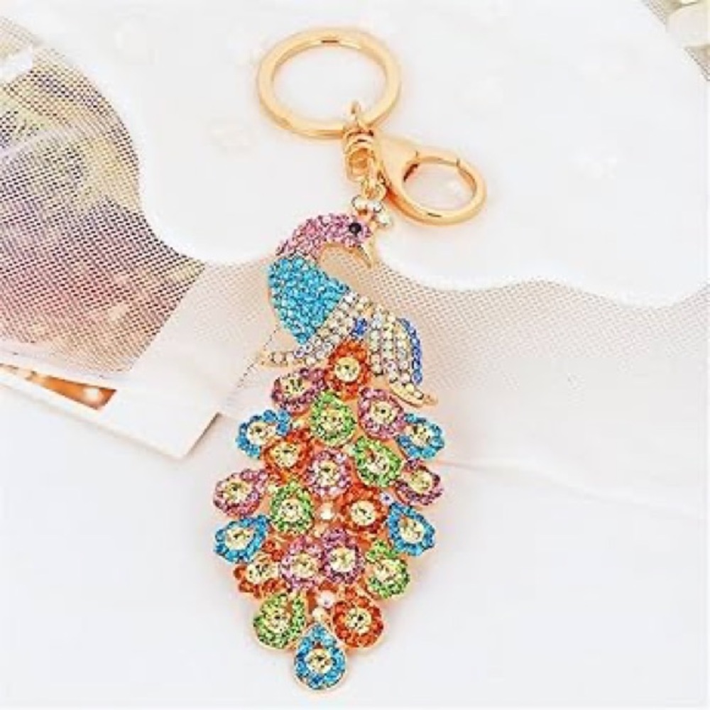 Colorful Peacock Bag charm.  Add some bling to your bag